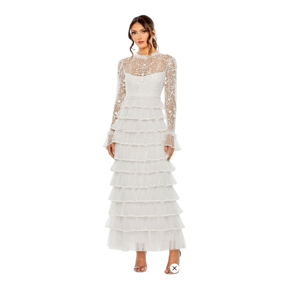 Mac Duggal Pearl White Layered Lace High Neck Tiered Dress Size 10